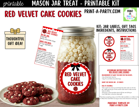 Red Velvet Cake Cookies in a Mason Jar Gift Printable Kit - Labels, Tag, Recipe & Instructions