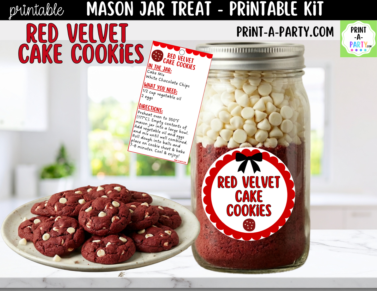 Red Velvet Cake Cookies in a Mason Jar Gift Printable Kit - Labels, Tag, Recipe & Instructions