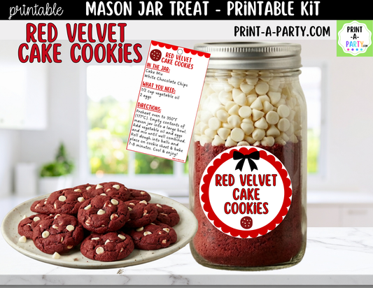 Red Velvet Cake Cookies in a Mason Jar Gift Printable Kit - Labels, Tag, Recipe & Instructions