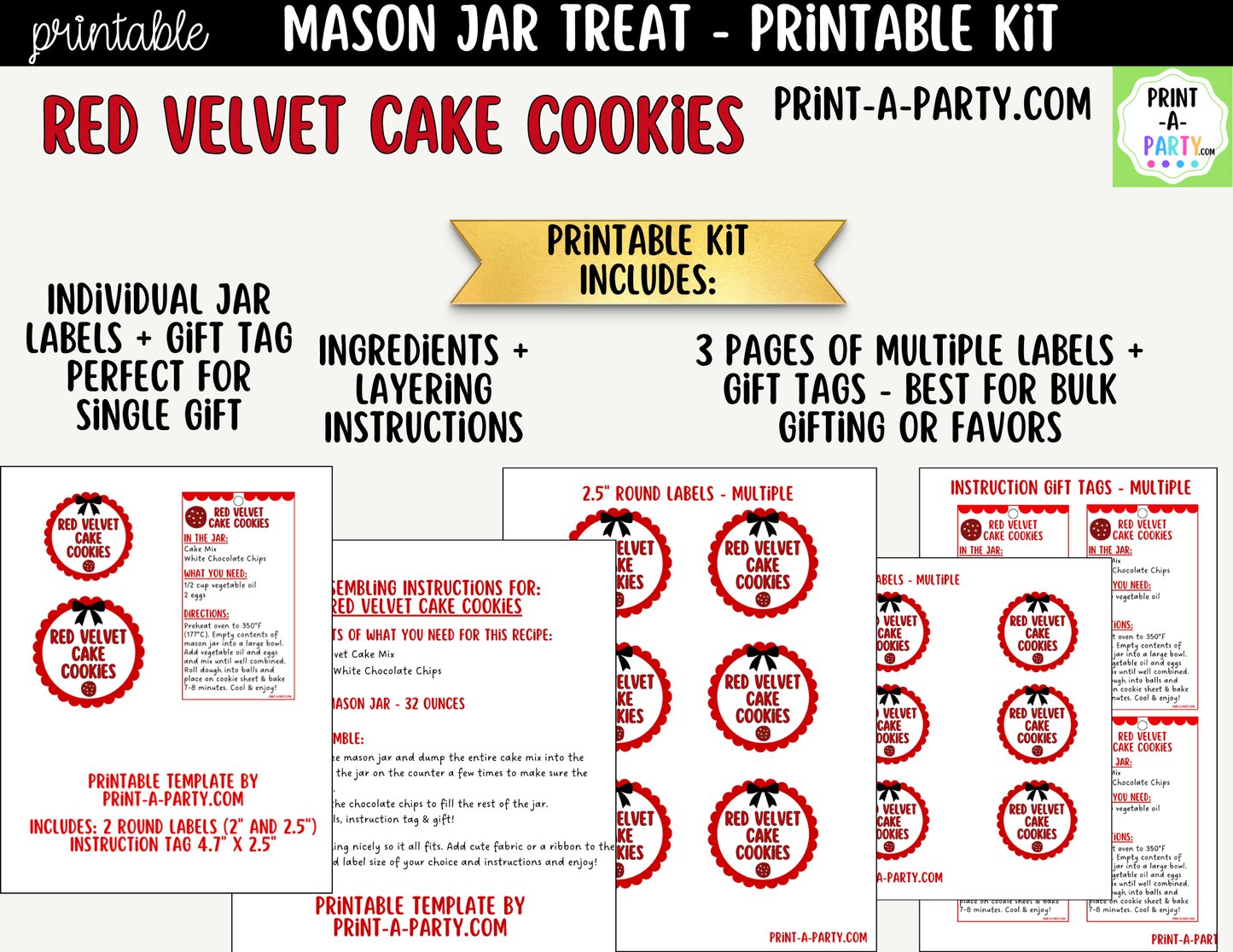 Red Velvet Cake Cookies in a Mason Jar Gift Printable Kit - Labels, Tag, Recipe & Instructions
