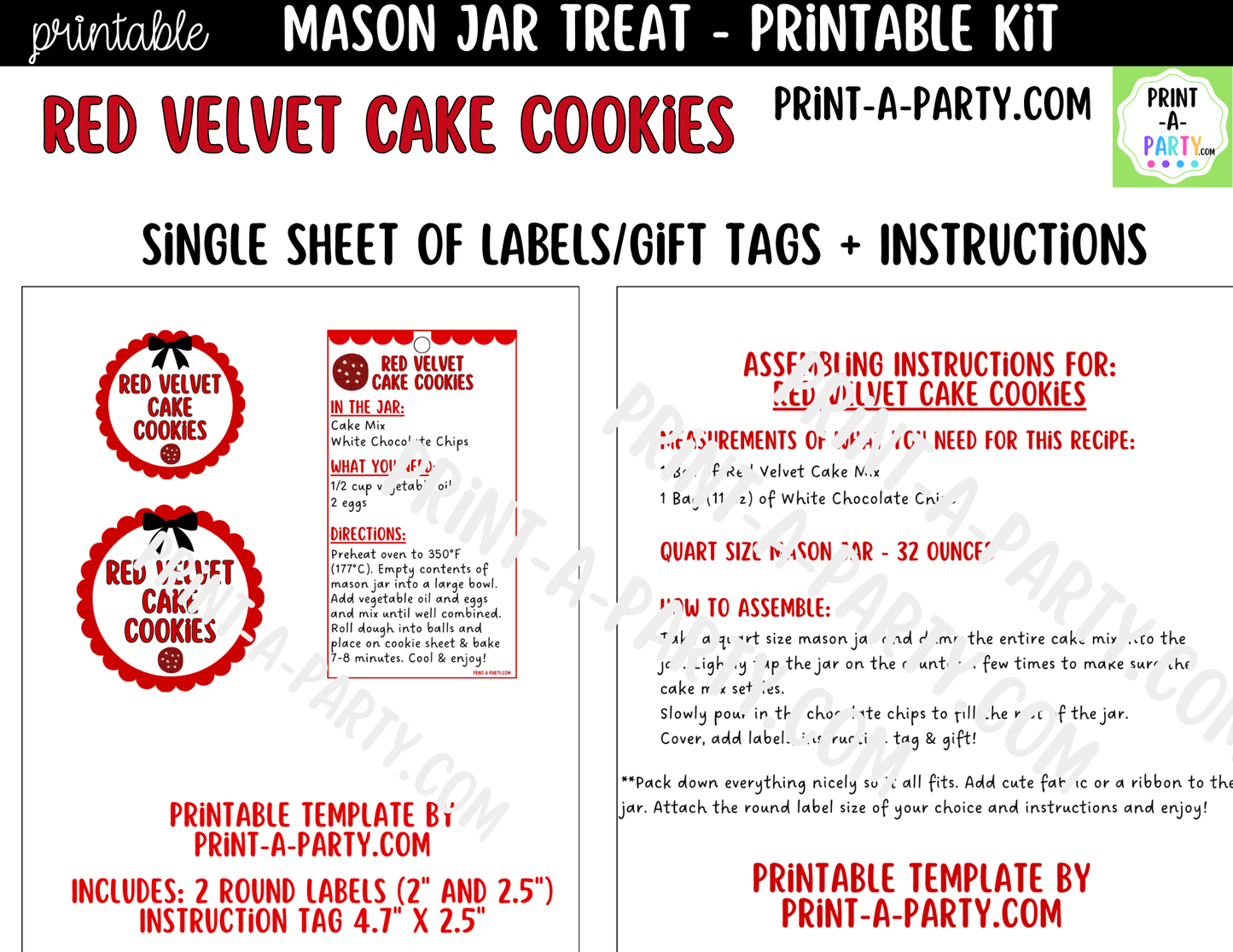 Red Velvet Cake Cookies in a Mason Jar Gift Printable Kit - Labels, Tag, Recipe & Instructions
