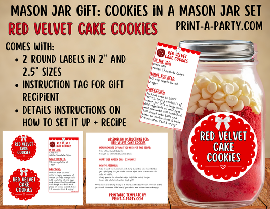 MASON JAR GIFT: Red Velvet Cake Cookies in a Mason Jar Printable Kit -  DIY Gift Idea for Parties, Christmas, Valentine’s Day