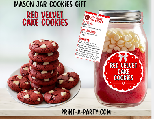MASON JAR GIFT: Red Velvet Cake Cookies in a Mason Jar Printable Kit -  DIY Gift Idea for Parties, Christmas, Valentine’s Day