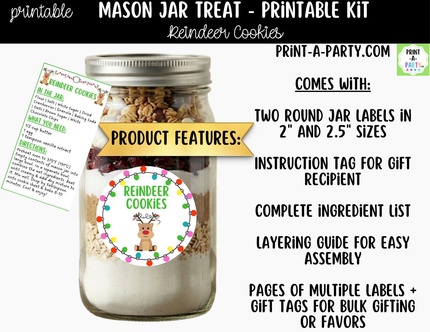 Reindeer Cookies in a Mason Jar Gift Printable Kit - Labels, Tag, Recipe & Instructions