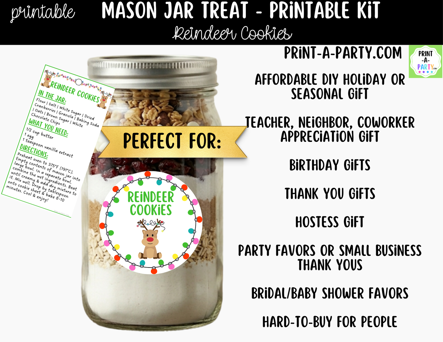 Reindeer Cookies in a Mason Jar Gift Printable Kit - Labels, Tag, Recipe & Instructions
