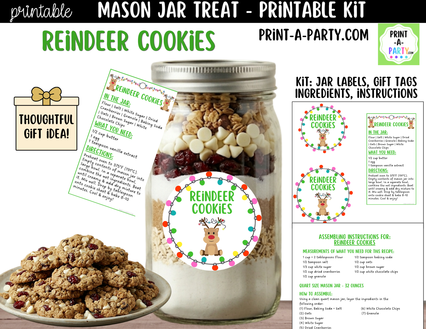 Reindeer Cookies in a Mason Jar Gift Printable Kit - Labels, Tag, Recipe & Instructions