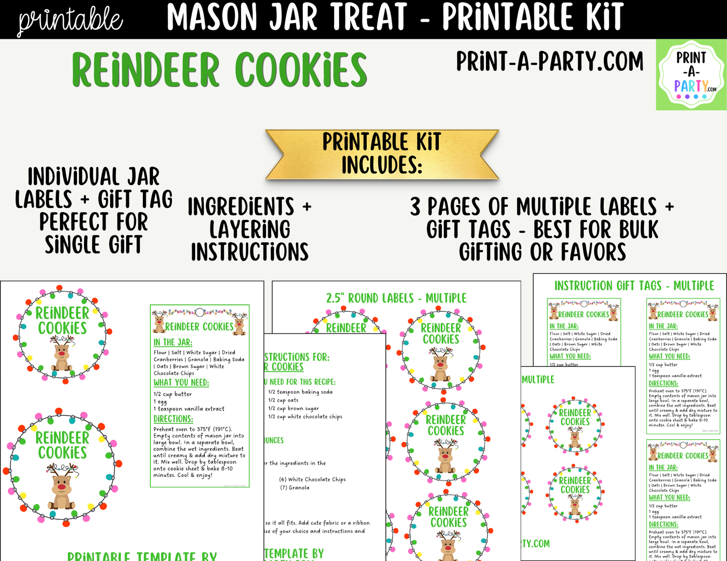 Reindeer Cookies in a Mason Jar Gift Printable Kit - Labels, Tag, Recipe & Instructions