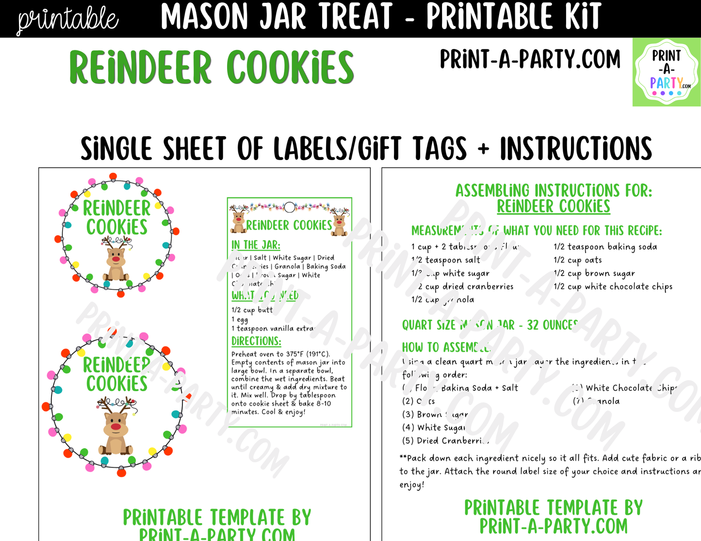 Reindeer Cookies in a Mason Jar Gift Printable Kit - Labels, Tag, Recipe & Instructions