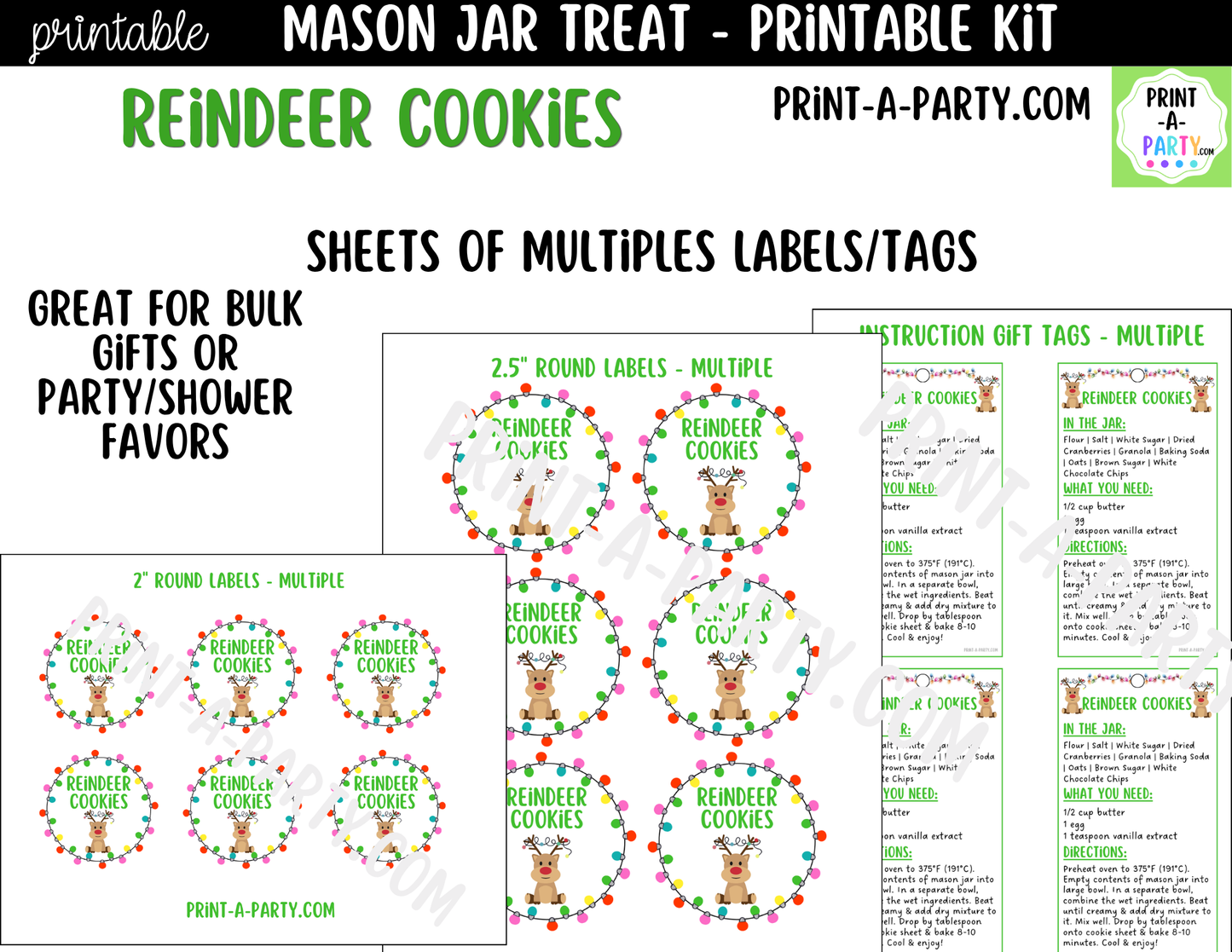 Reindeer Cookies in a Mason Jar Gift Printable Kit - Labels, Tag, Recipe & Instructions