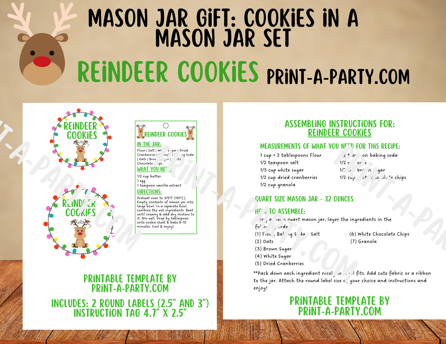 MASON JAR COOKIE GIFT: Reindeer Cookies in a Mason Jar | Cookies in a jar gift | Mason Jar Gift Kit | Holiday Mason Jar Gift