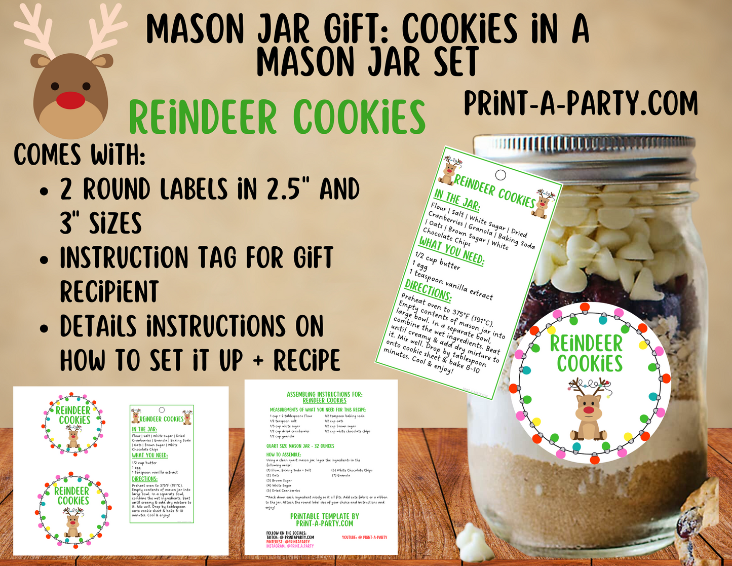 MASON JAR COOKIE GIFT: Reindeer Cookies in a Mason Jar | Cookies in a jar gift | Mason Jar Gift Kit | Holiday Mason Jar Gift