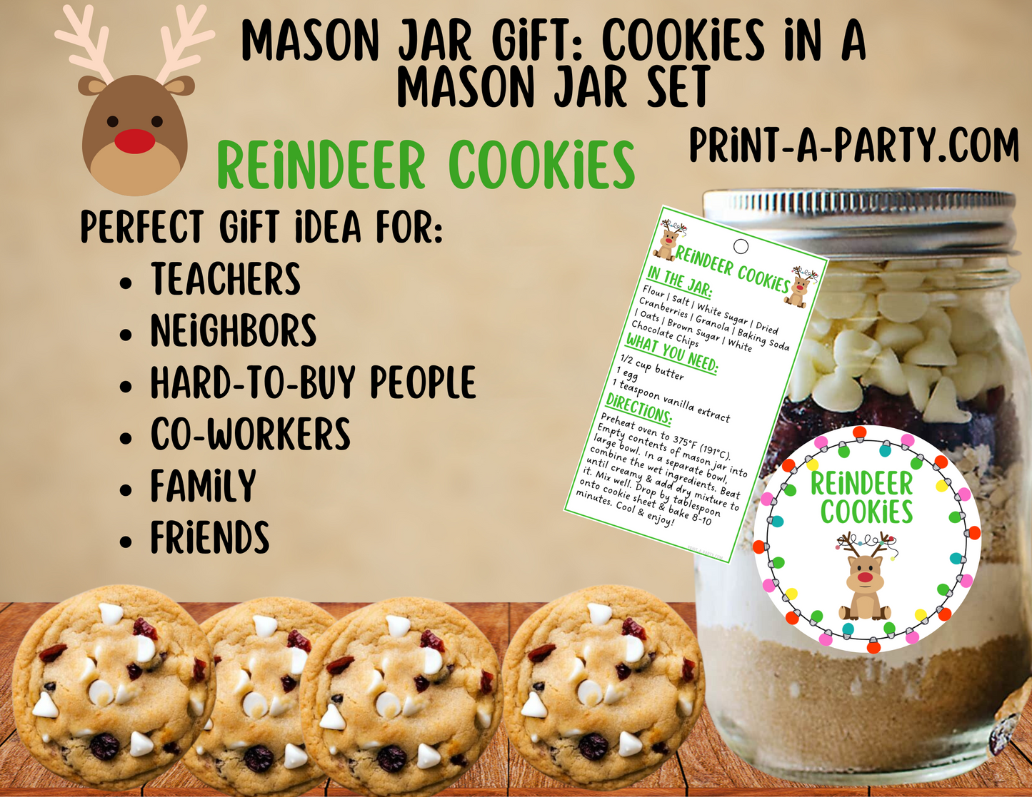 MASON JAR COOKIE GIFT: Reindeer Cookies in a Mason Jar | Cookies in a jar gift | Mason Jar Gift Kit | Holiday Mason Jar Gift