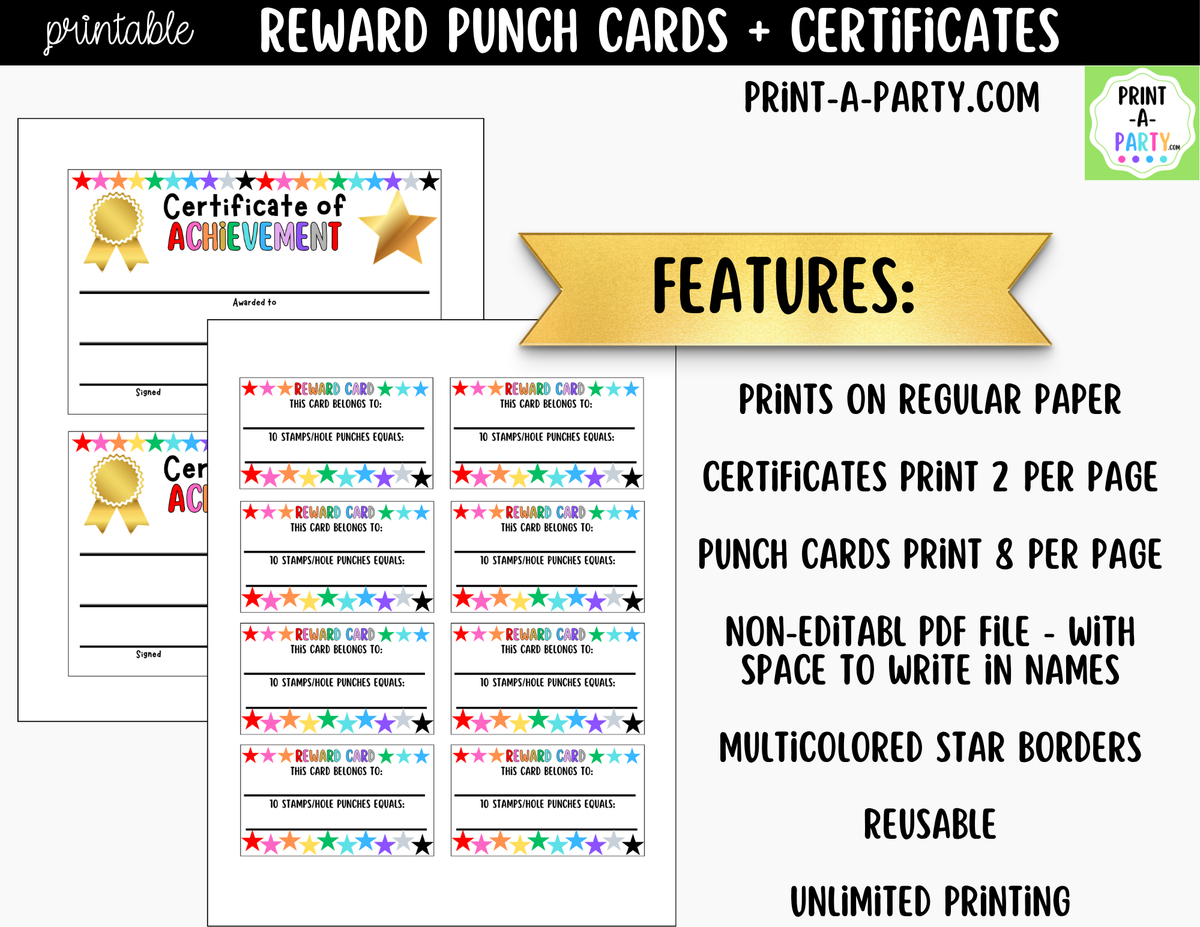 Colorful Stars Reward Punch Cards & Certificates Printable