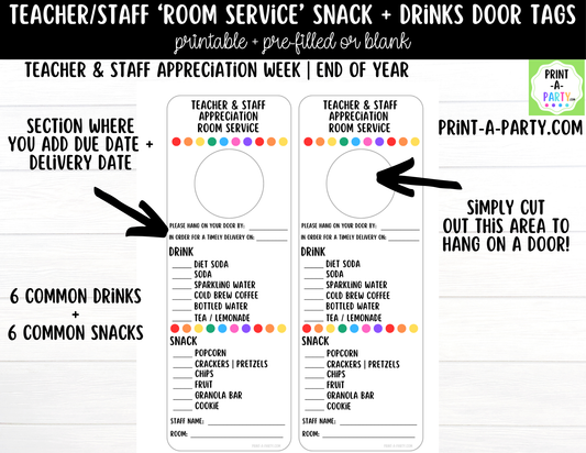 Printable Room Service Door Tags - Teacher and Staff Appreciation