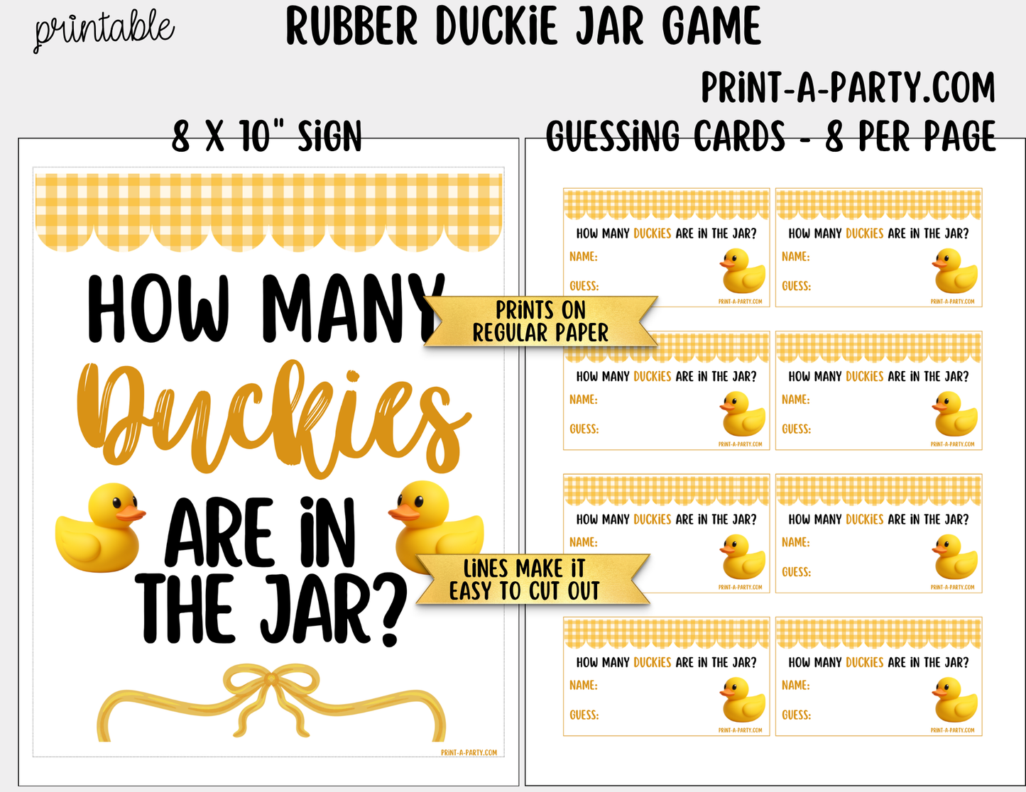 Rubber Duckie Baby Shower Jar Guessing Game Printable Sign (8x10) & Guessing Cards for Ducky themed baby events