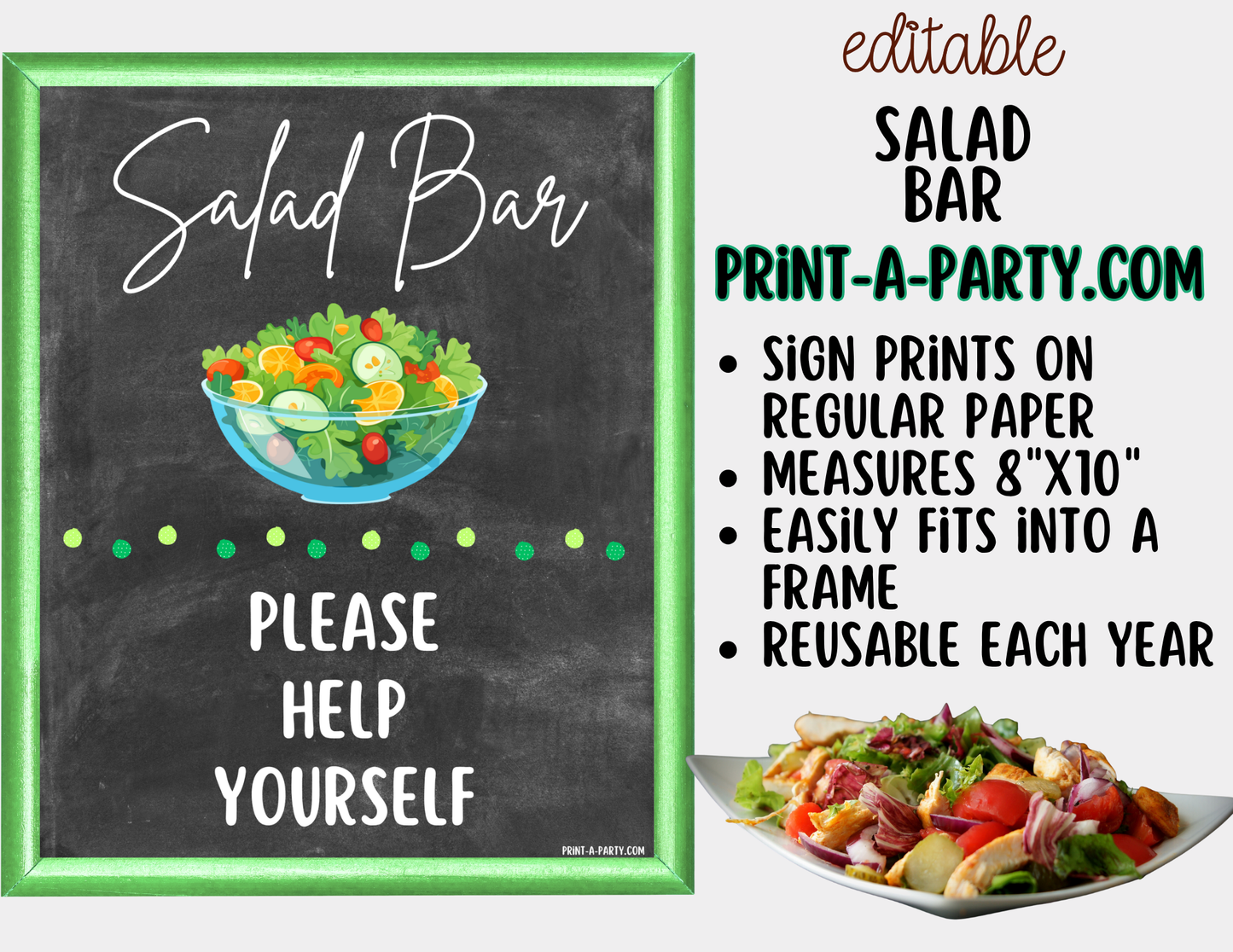 Editable Salad Bar Sign (8x10) and Topping Tent Cards Canva Template - Perfect for Parties, Showers and Events