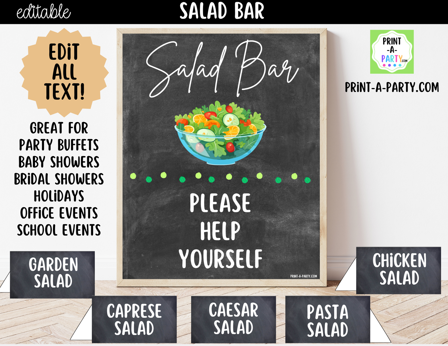 Editable Salad Bar Sign (8x10) and Topping Tent Cards Canva Template - Perfect for Parties, Showers and Events
