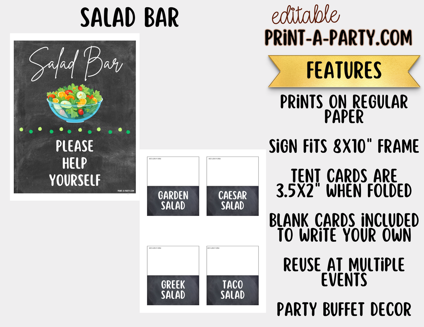 Editable Salad Bar Sign (8x10) and Topping Tent Cards Canva Template - Perfect for Parties, Showers and Events