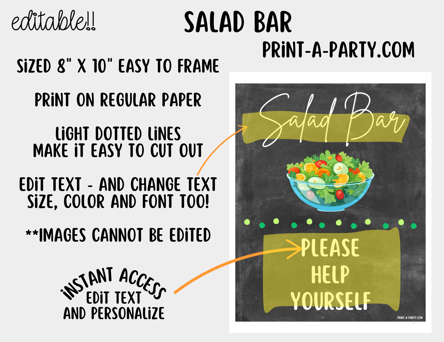 Editable Salad Bar Sign (8x10) and Topping Tent Cards Canva Template - Perfect for Parties, Showers and Events