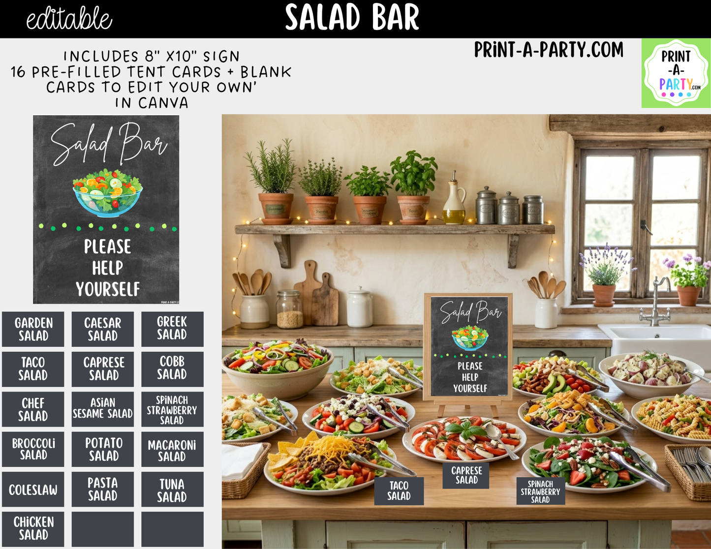 Editable Salad Bar Sign (8x10) and Topping Tent Cards Canva Template - Perfect for Parties, Showers and Events