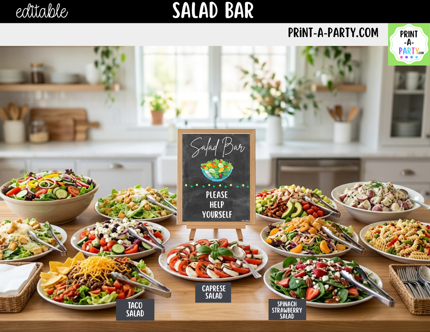 Editable Salad Bar Sign (8x10) and Topping Tent Cards Canva Template - Perfect for Parties, Showers and Events