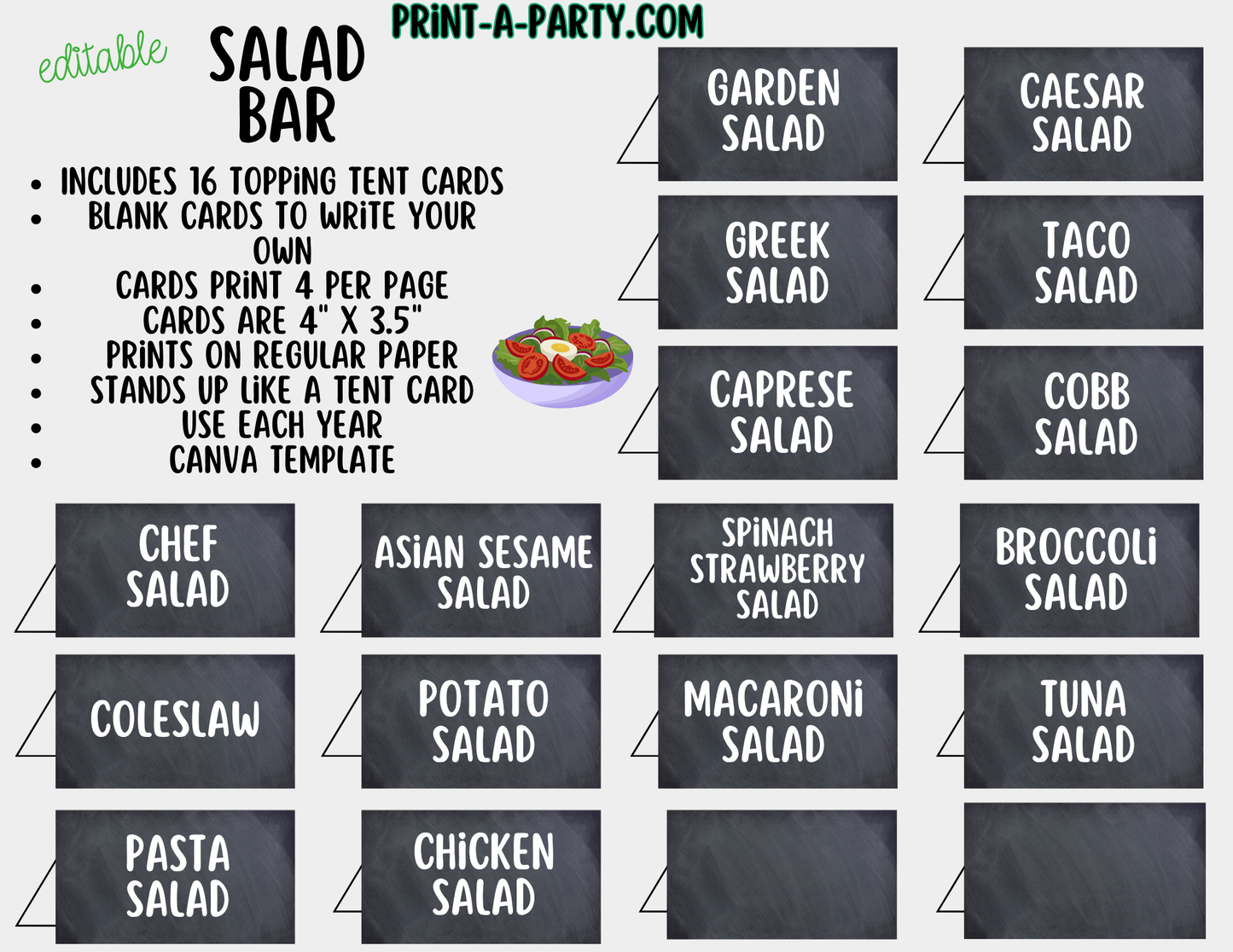 Editable Salad Bar Sign (8x10) and Topping Tent Cards Canva Template - Perfect for Parties, Showers and Events