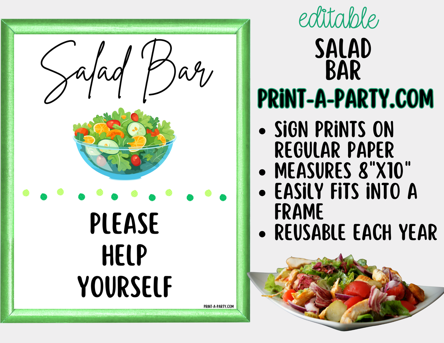 Editable Salad Bar Sign (8x10) and Topping Tent Cards Canva Template - Perfect for Parties, Showers and Events