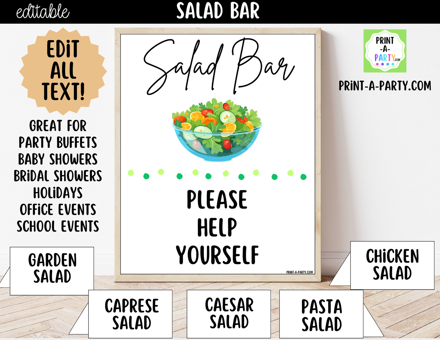 Editable Salad Bar Sign (8x10) and Topping Tent Cards Canva Template - Perfect for Parties, Showers and Events