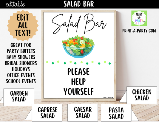 Editable Salad Bar Sign (8x10) and Topping Tent Cards Canva Template - Perfect for Parties, Showers and Events