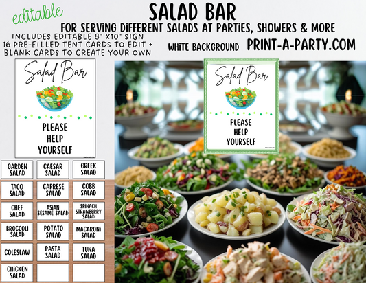 Editable SALAD BAR - White - Printable Sign and Food Labels - For Parties, Showers, Office Events, Holidays and more!