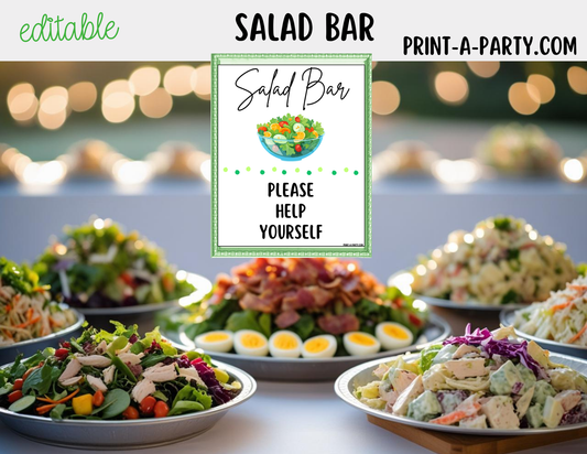 Editable SALAD BAR - White - Printable Sign and Food Labels - For Parties, Showers, Office Events, Holidays and more!