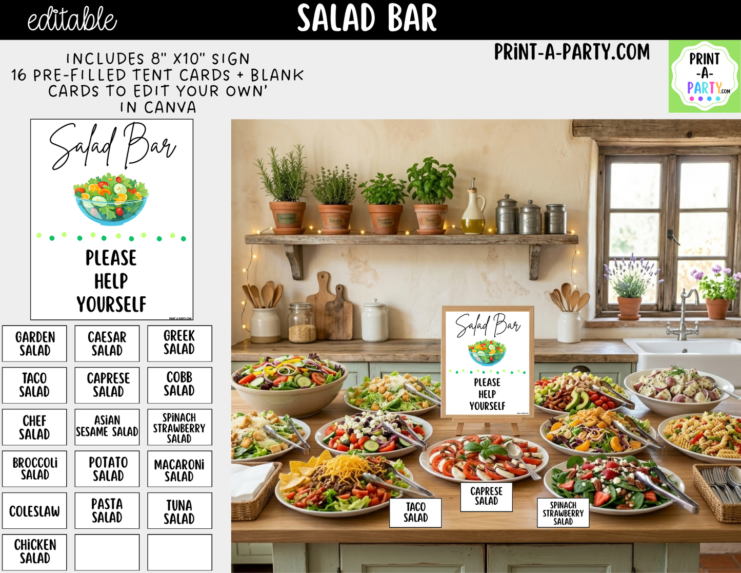 Editable Salad Bar Sign (8x10) and Topping Tent Cards Canva Template - Perfect for Parties, Showers and Events