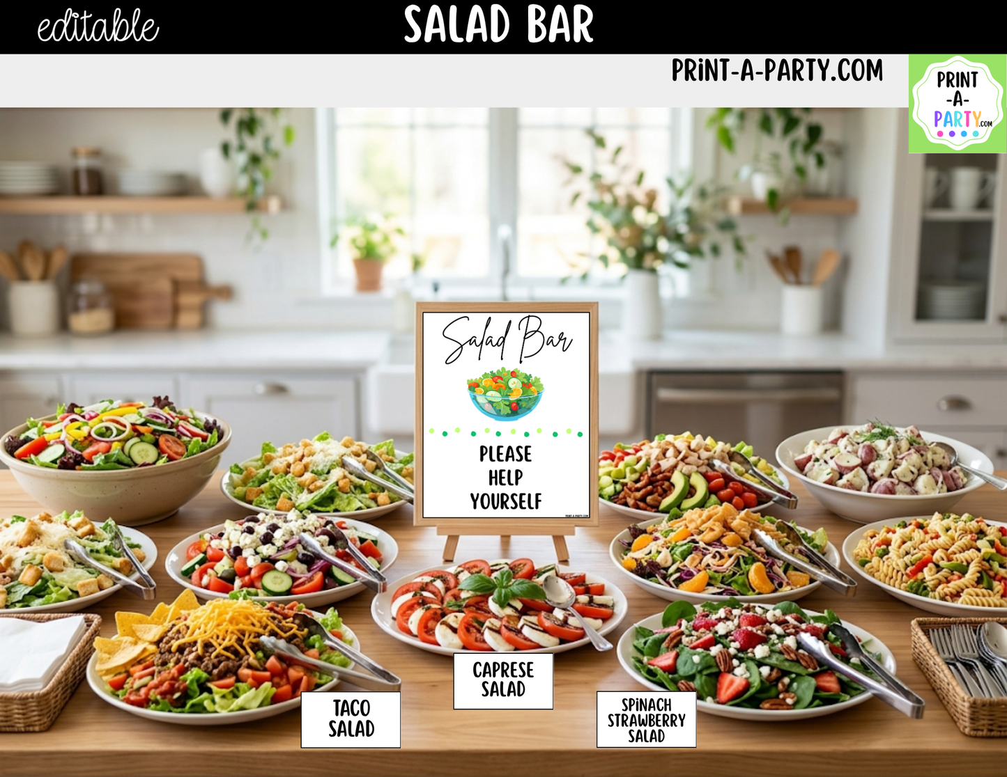 Editable Salad Bar Sign (8x10) and Topping Tent Cards Canva Template - Perfect for Parties, Showers and Events