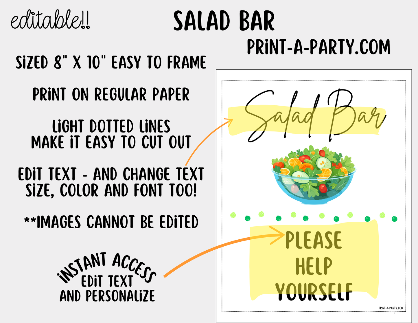 Editable Salad Bar Sign (8x10) and Topping Tent Cards Canva Template - Perfect for Parties, Showers and Events