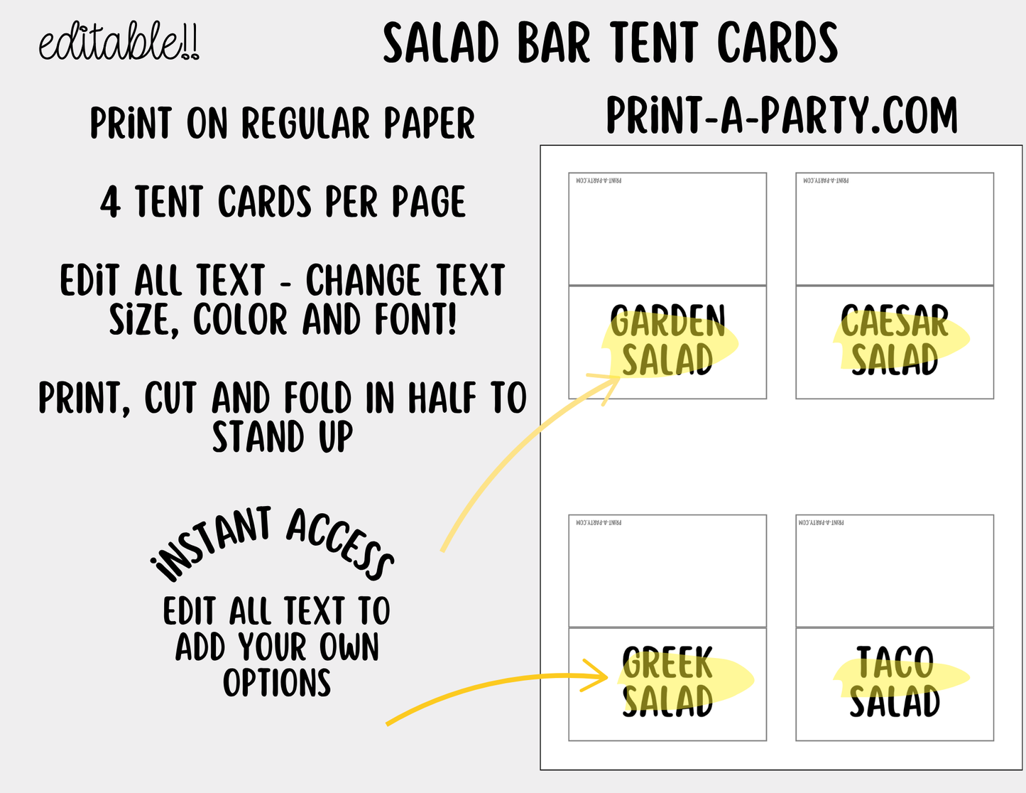 Editable Salad Bar Sign (8x10) and Topping Tent Cards Canva Template - Perfect for Parties, Showers and Events
