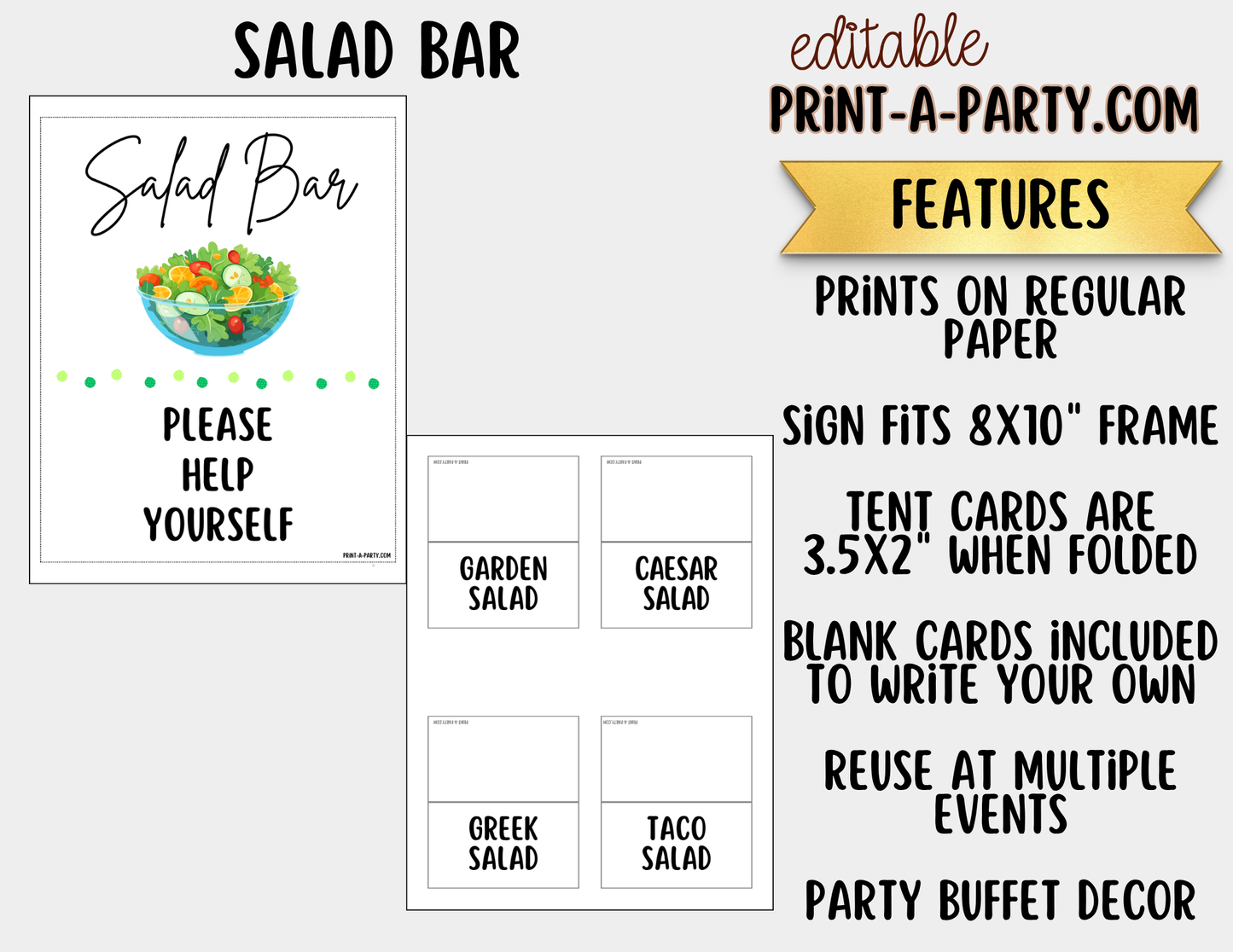 Editable Salad Bar Sign (8x10) and Topping Tent Cards Canva Template - Perfect for Parties, Showers and Events