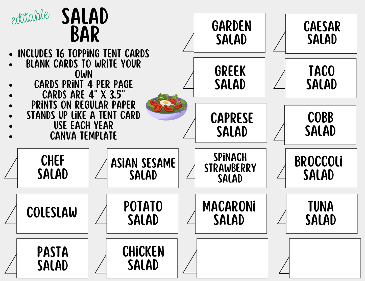 Editable Salad Bar Sign (8x10) and Topping Tent Cards Canva Template - Perfect for Parties, Showers and Events