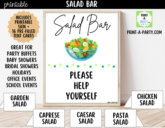 Salad Bar Sign (8x10) & Salad Tent Cards - Printable Party Buffet Decor