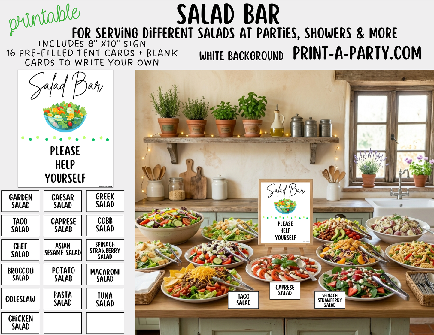 Salad Bar Sign (8x10) & Salad Tent Cards - Printable Party Buffet Decor