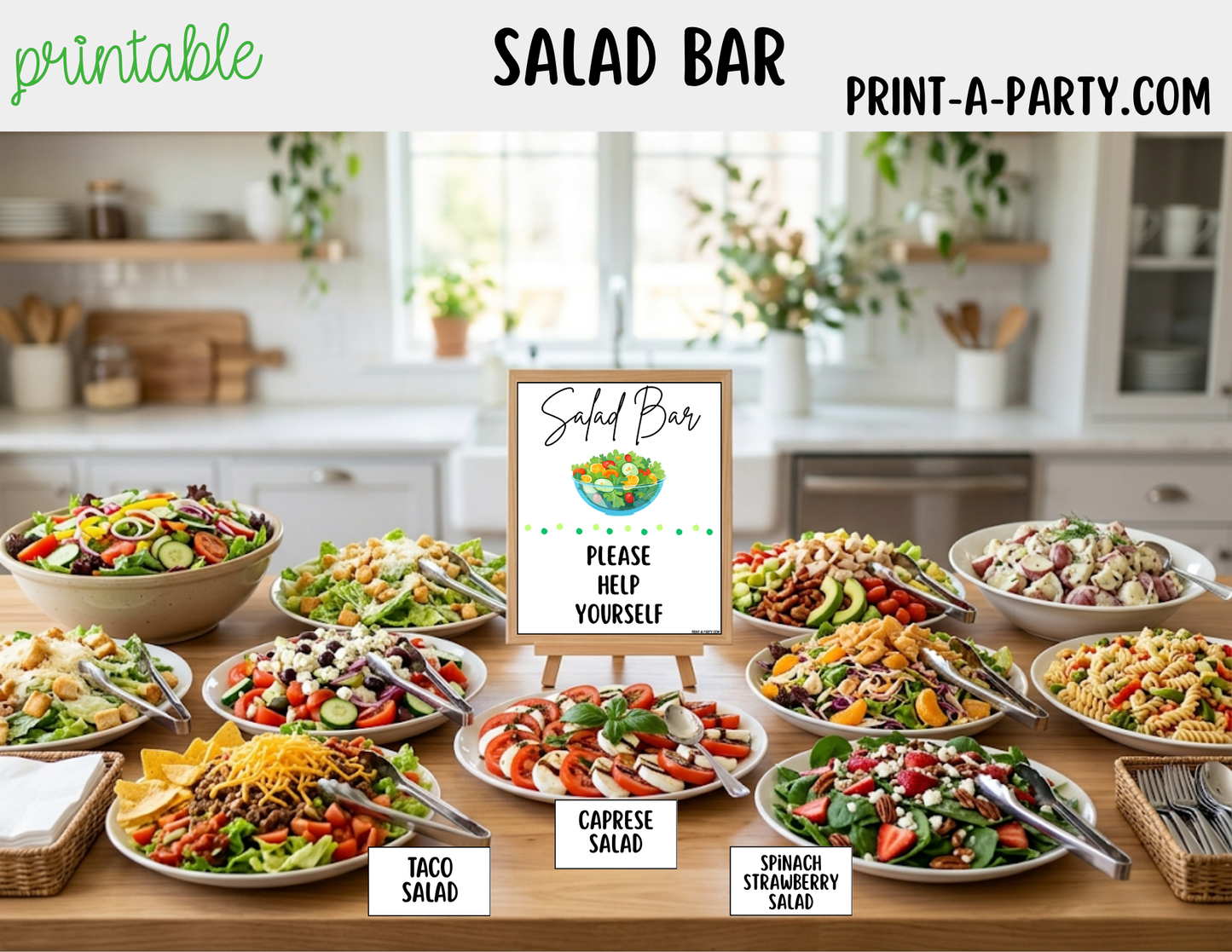 Salad Bar Sign (8x10) & Salad Tent Cards - Printable Party Buffet Decor