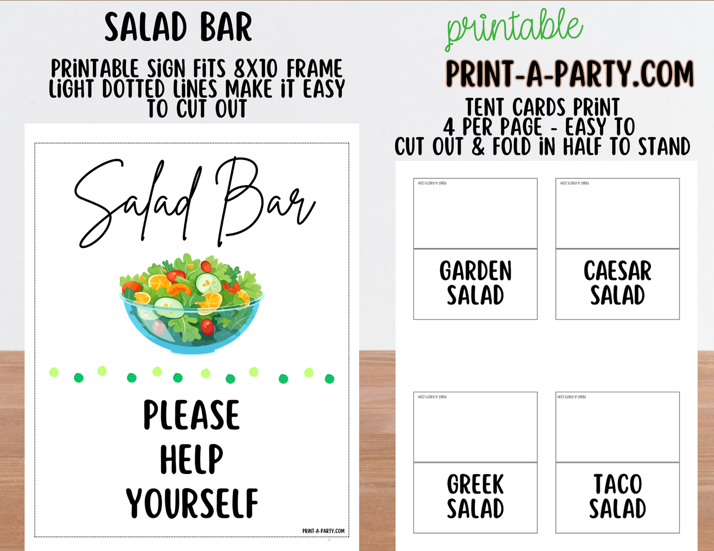 Salad Bar Sign (8x10) & Salad Tent Cards - Printable Party Buffet Decor