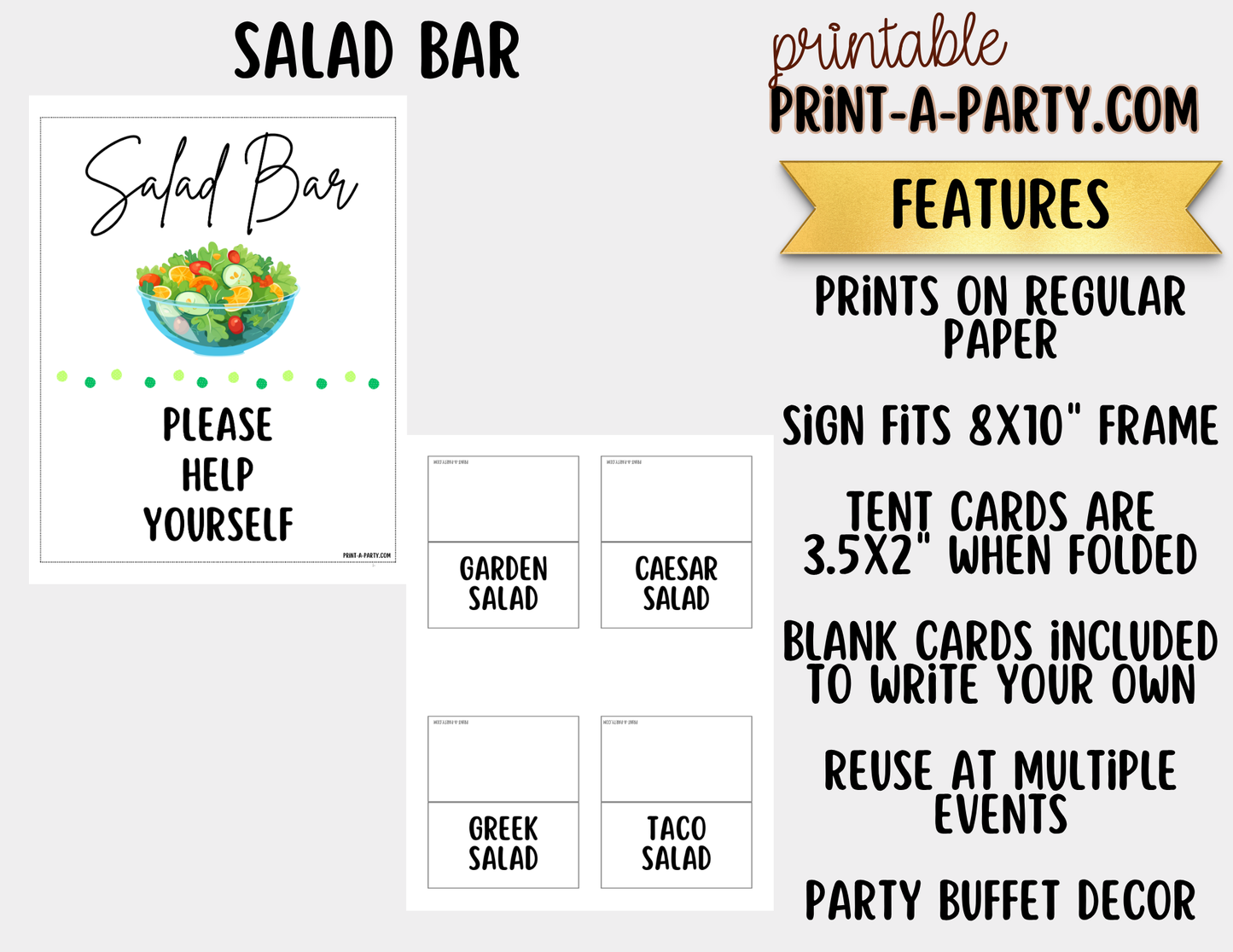 Salad Bar Sign (8x10) & Salad Tent Cards - Printable Party Buffet Decor