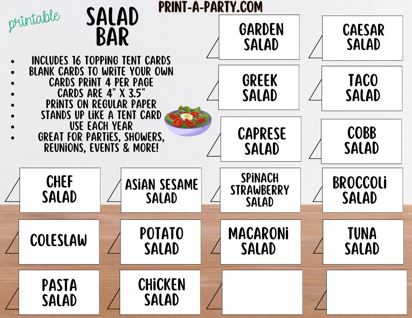 Salad Bar Sign (8x10) & Salad Tent Cards - Printable Party Buffet Decor