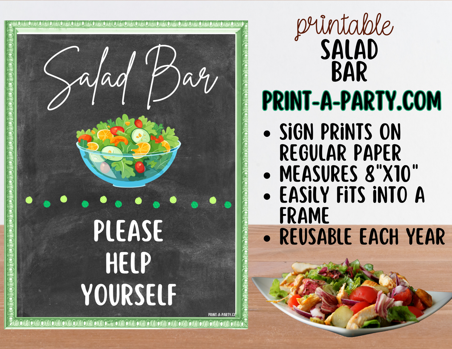 Salad Bar Sign (8x10) & Salad Tent Cards - Printable Party Buffet Decor