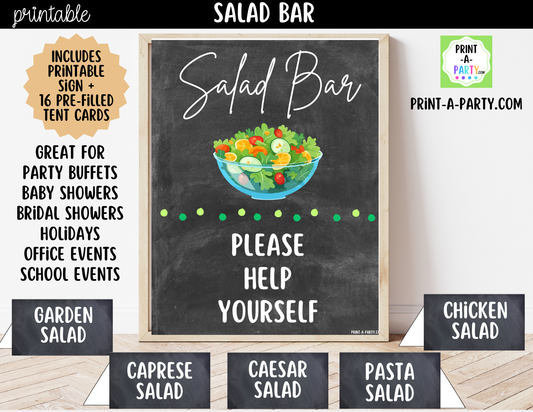 Salad Bar Sign (8x10) & Salad Tent Cards - Printable Party Buffet Decor