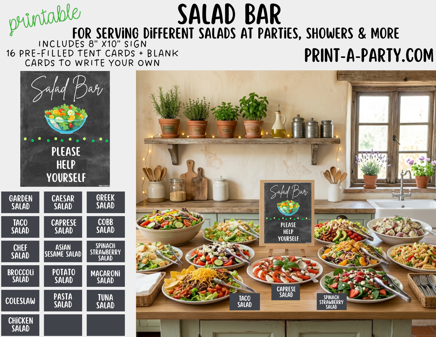 Salad Bar Sign (8x10) & Salad Tent Cards - Printable Party Buffet Decor