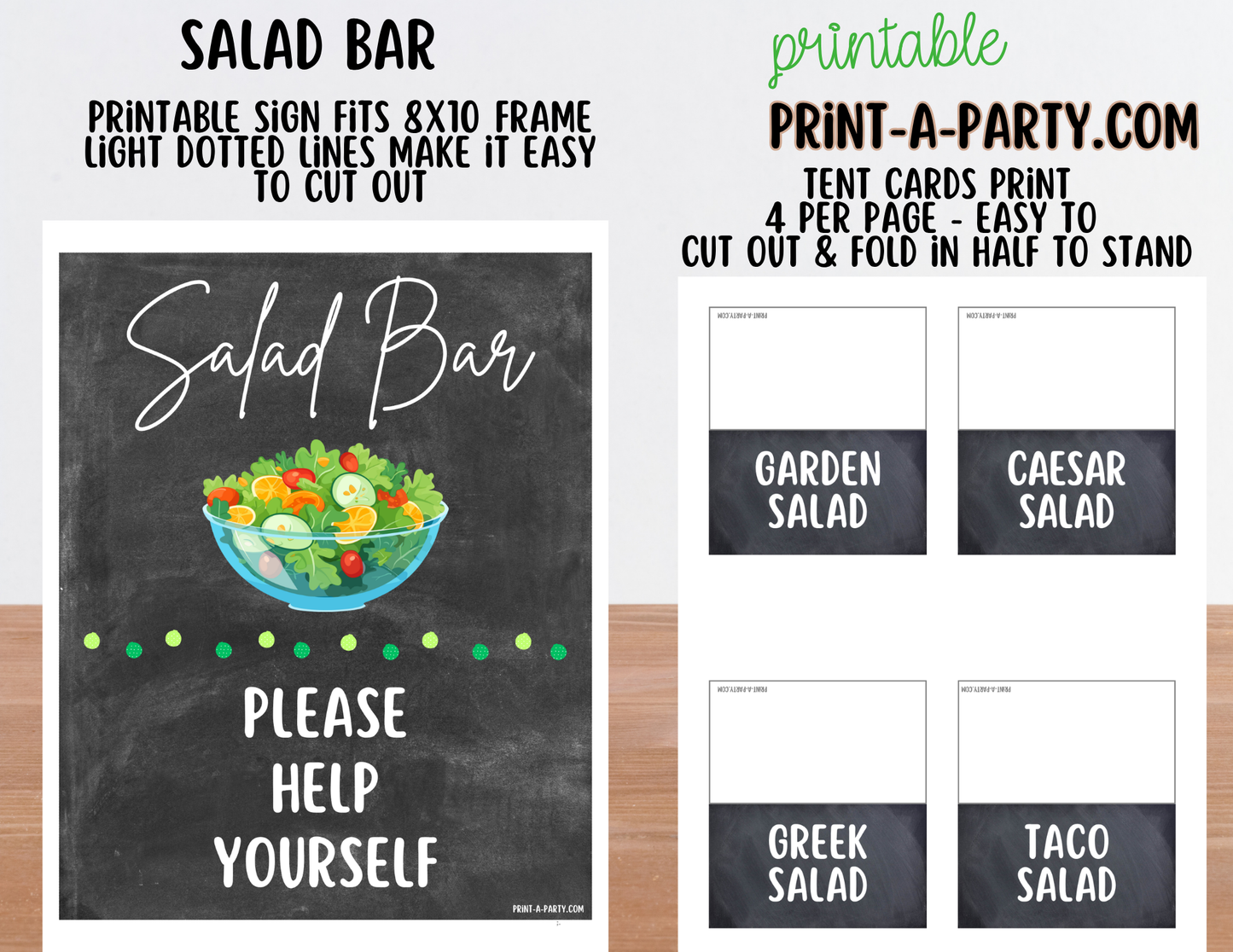 Salad Bar Sign (8x10) & Salad Tent Cards - Printable Party Buffet Decor