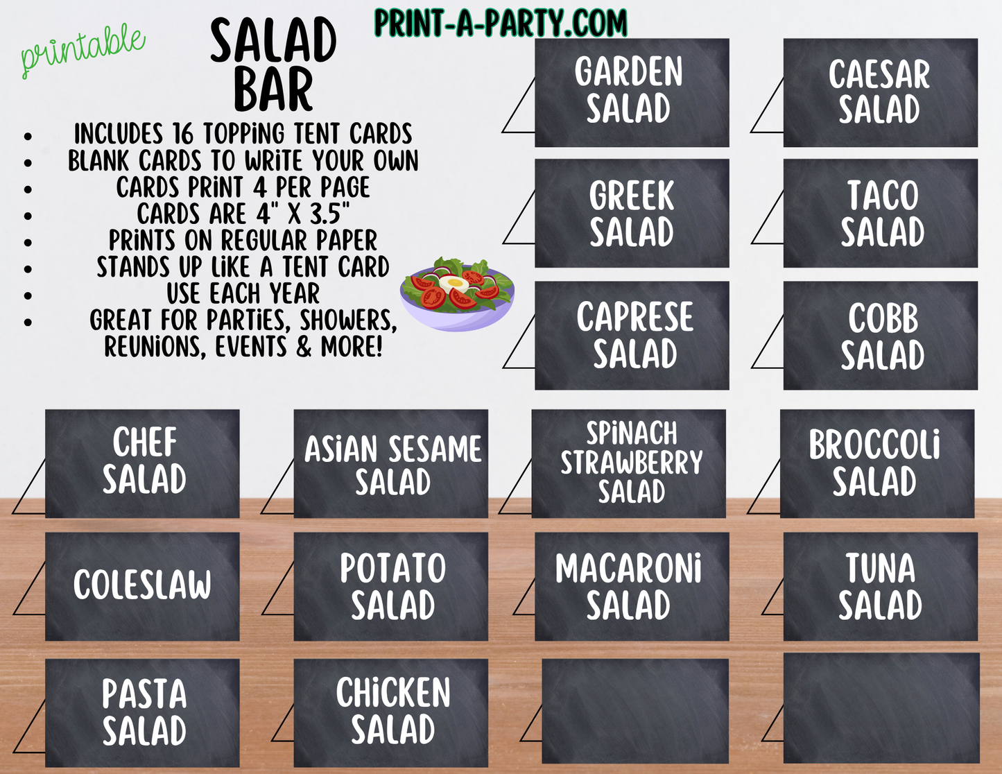 Salad Bar Sign (8x10) & Salad Tent Cards - Printable Party Buffet Decor