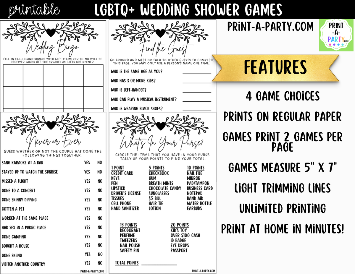LGBTQ+ Wedding Shower Games Printable | Black Vine & Heart