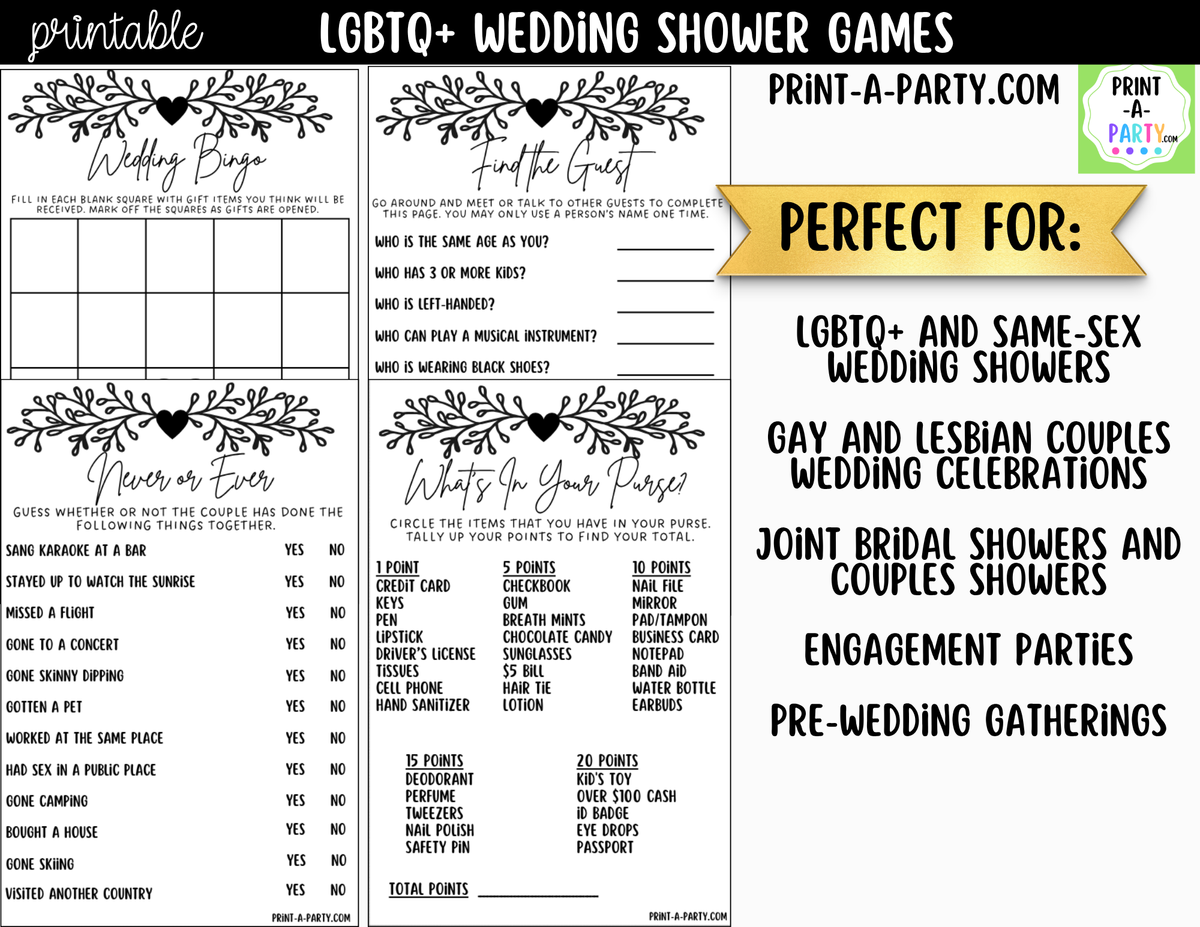LGBTQ+ Wedding Shower Games Printable | Black Vine & Heart